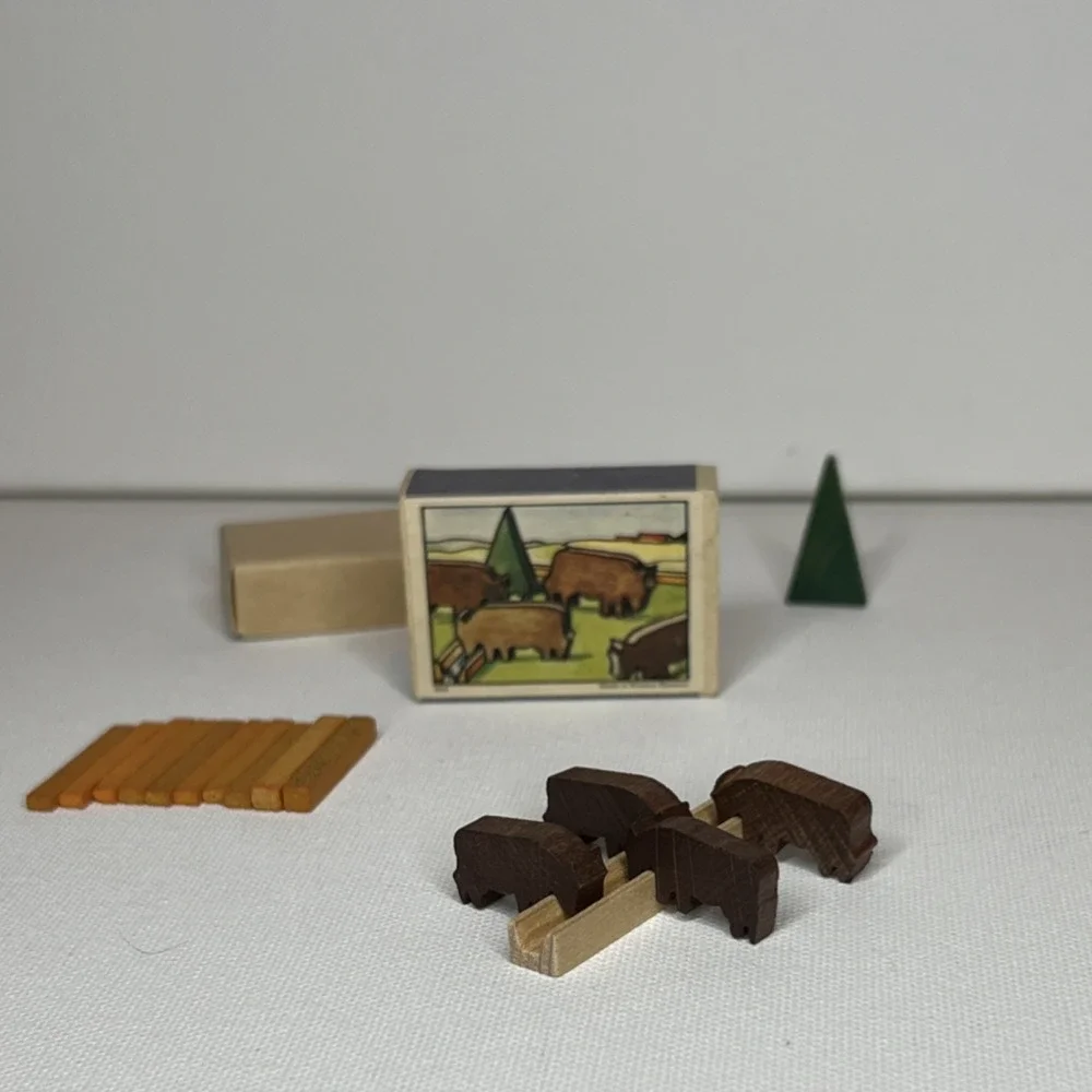 Vintage Wooden Buffalo Play Set w/ 4 Figures, Fence & Tree, Made Western Germany